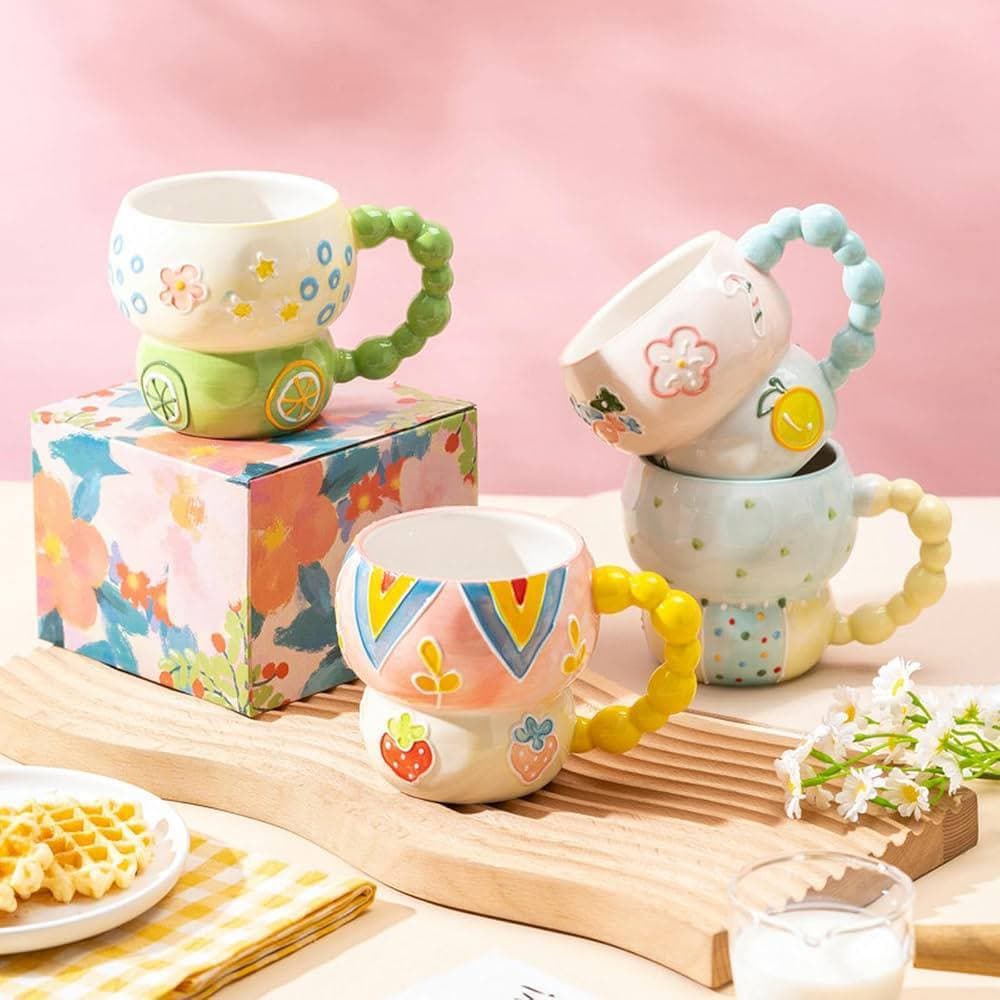 Mug en Céramique Aesthetic avec Anse Perles – Motif Fruité & Floral