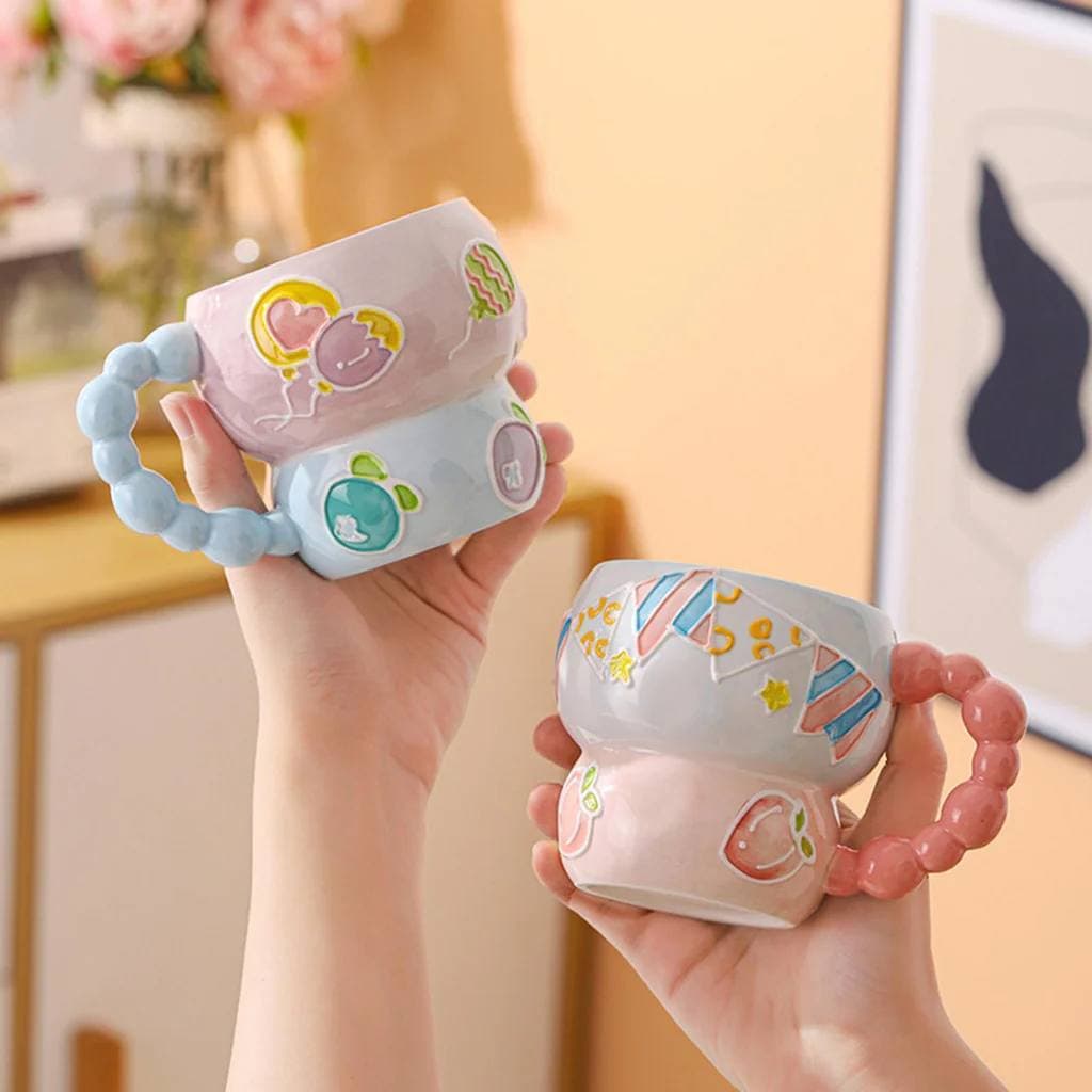 Mug en Céramique Aesthetic avec Anse Perles – Motif Fruité & Floral